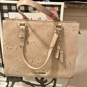 Brahmin Cream Tote with Textured Leather and Decorative Tassel